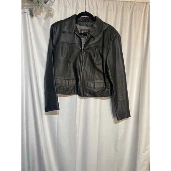 Womens Black Leather Jacket With Zip Front & Pockets By Saguaro Size M - Picture 3 of 8